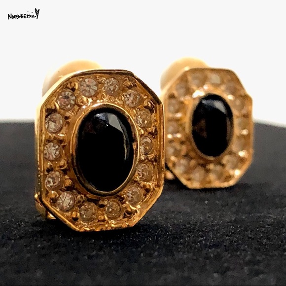¡¡💕2/$20!! Vintage Black Onyx Clip-Ons Earings - Picture 2 of 4